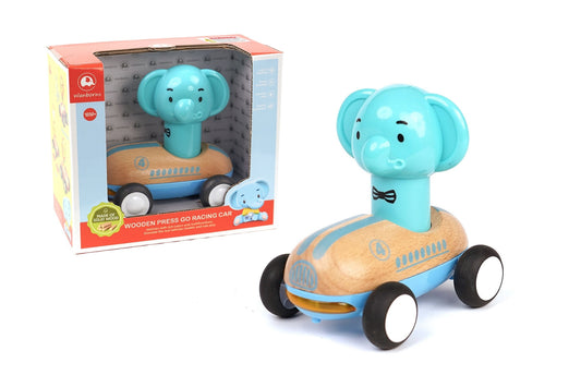 Light Blue Wooden Press Go Racer Elephant | Sound & Light Car