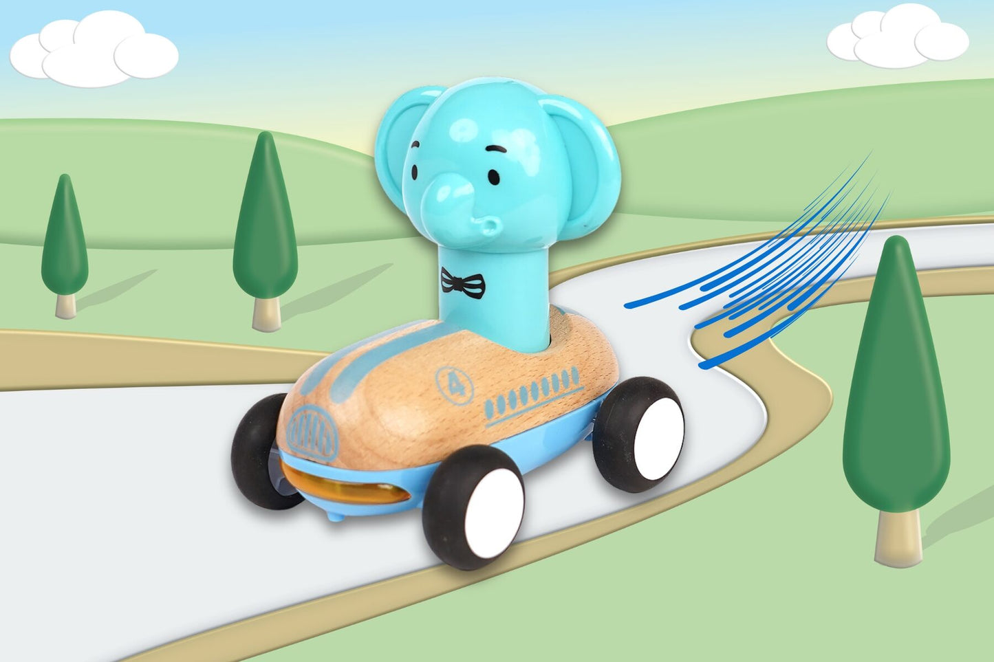 Light Blue Wooden Press Go Racer Elephant | Sound & Light Car