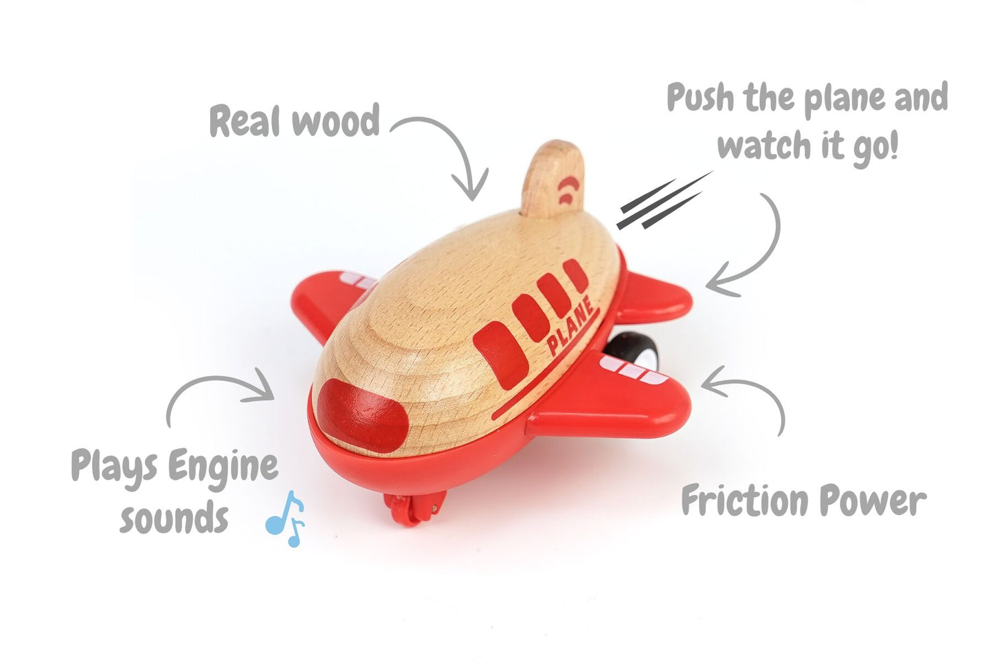 Red Wooden Racer Plane | Friction Powered with Sound Effects