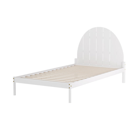 King single wooden bed frame with semicircular headboard for childrens bedroom decor.