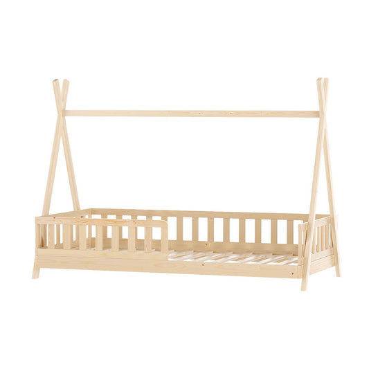 Kids single bed frame shaped like a fun house made from pine wood.