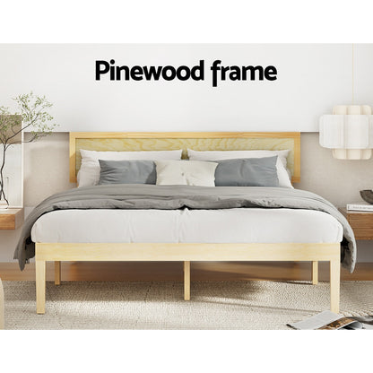 Yumi double wooden bed frame with rattan headboard, ideal for kids bedrooms.