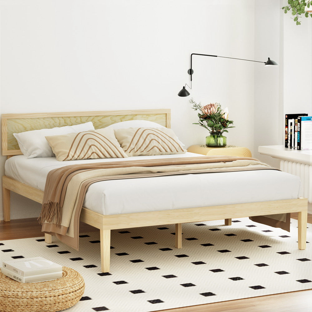 Artiss Yumi Double Bed Frame, playful rattan headboard ideal for childrens bedroom decor.