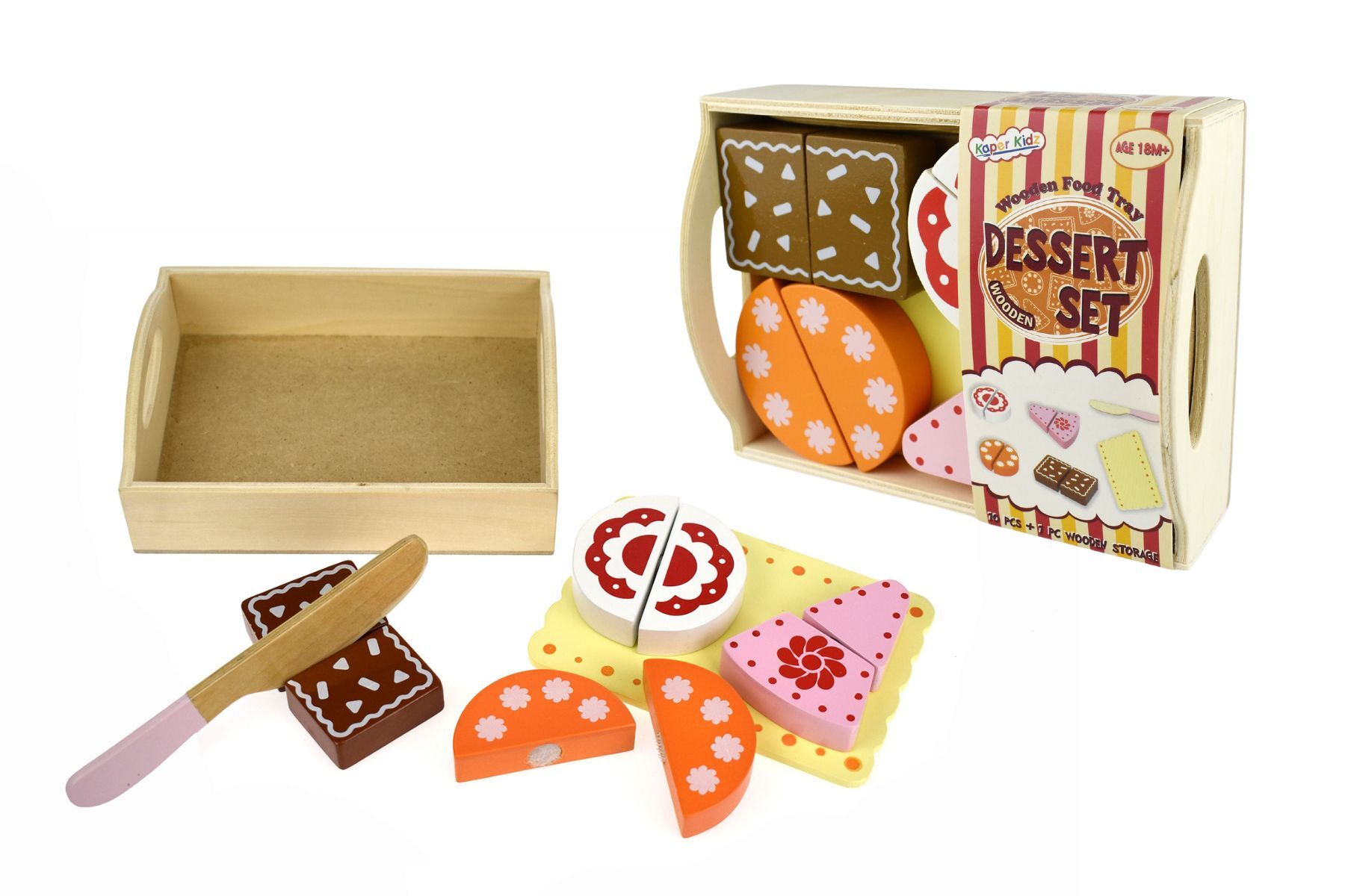 A wooden dessert set complete with a tray and a toy knift