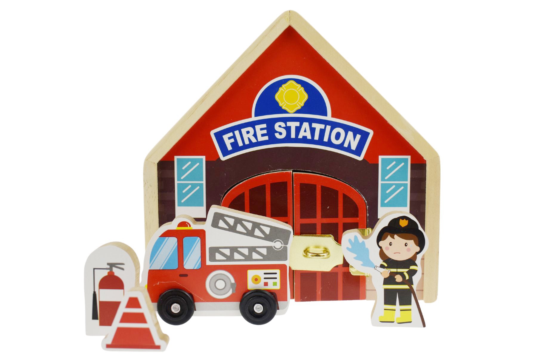 Metal latch fire station playset, perfect for imaginative play at home, featuring realistic details.