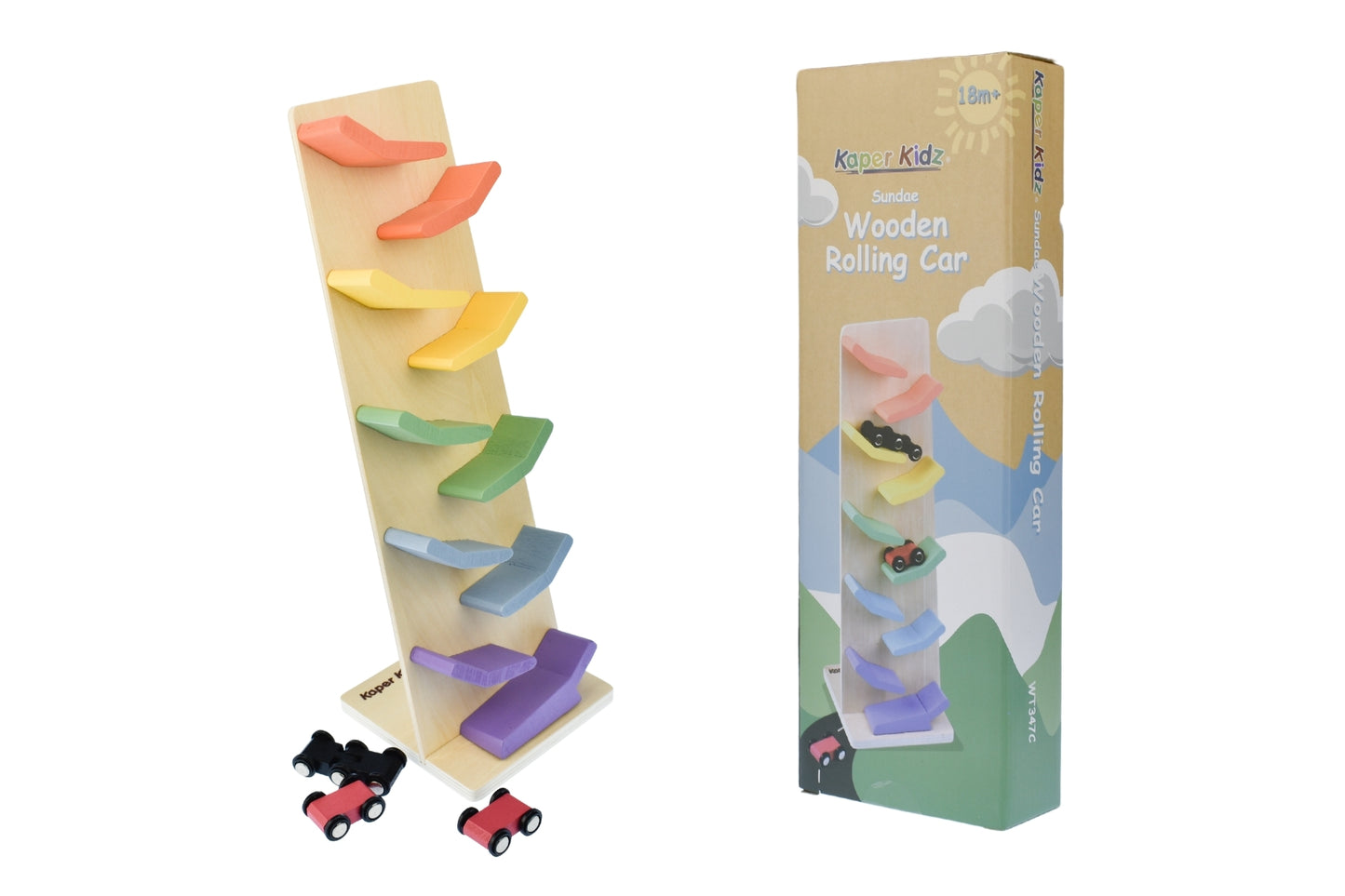 Colorful wooden rolling car tower for interactive play, ideal for childrens development and fun.