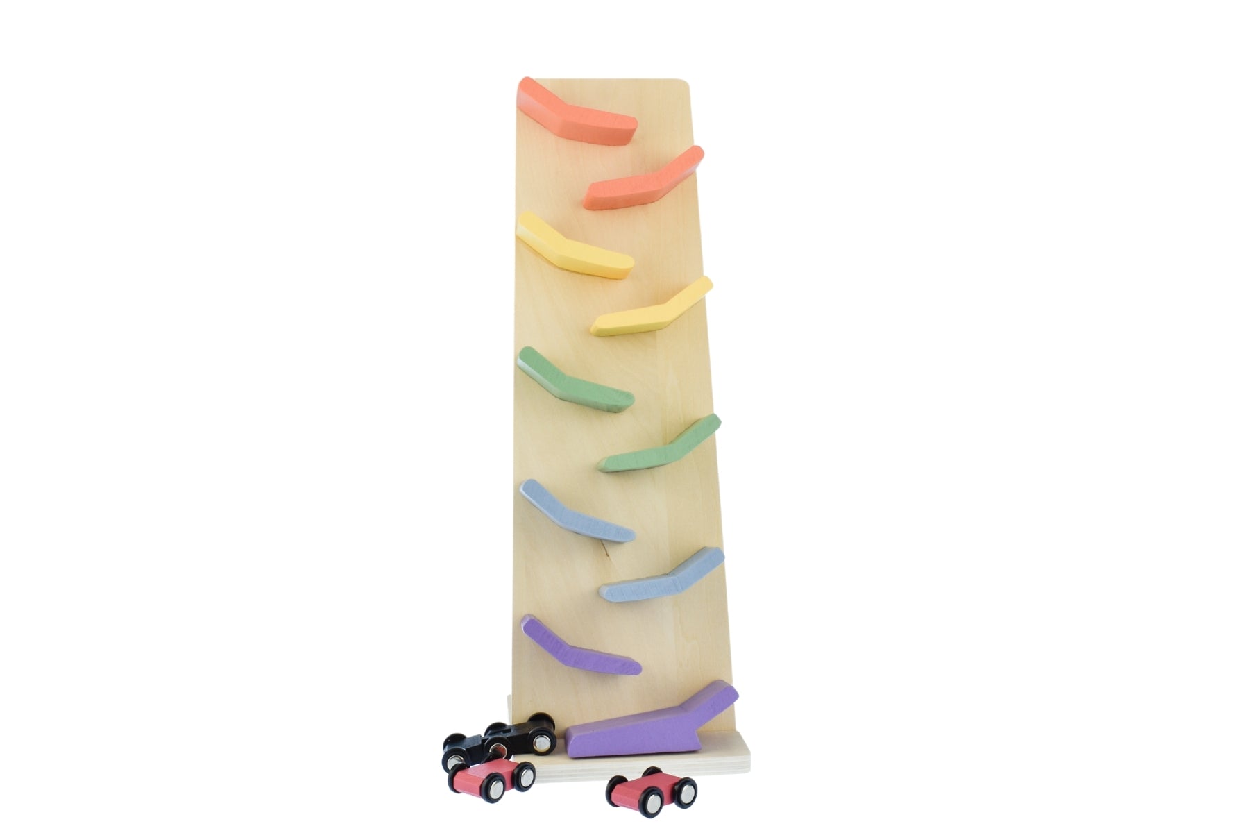 Colorful Kaper Kidz wooden car tower for imaginative play and motor skills development.