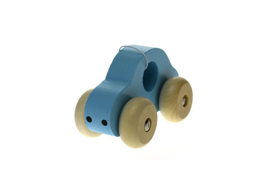 Blue wooden toy car by Kaper Kidz for toddlers, simple design ideal for playtime.