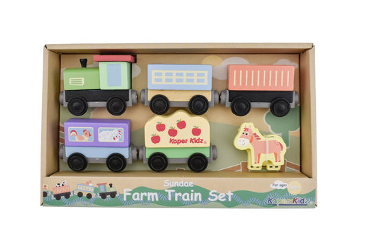 Kaper Kidz wooden train set featuring farm-themed design for imaginative toddler play.