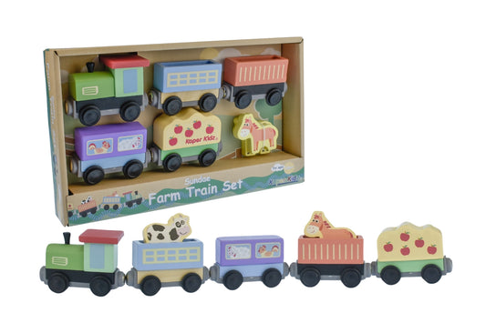 Colorful wooden train set with farm theme for imaginative play by toddlers at home.