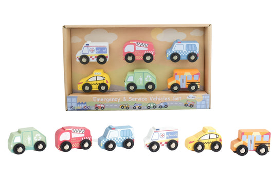 Emergency vehicle toy set features police car, fire truck, and ambulance for imaginative rescue play scenarios.