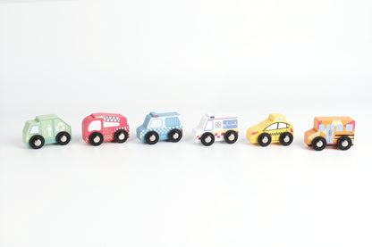 Emergency vehicle toy set featuring police cars, fire trucks, and ambulances for imaginative rescue play scenarios.