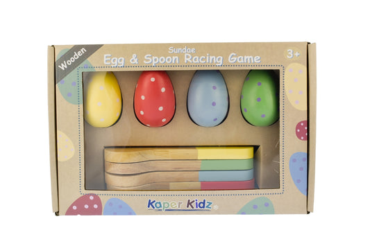 Kaper Kidz Wooden Sundae Egg & Spoon Racing Game Set promotes fun indoor playtime for kids.