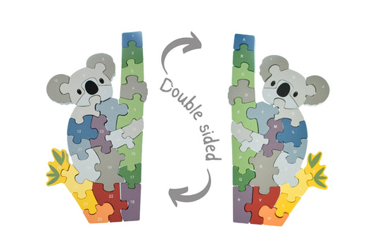 Koala alphabet puzzle features chunky pieces for easy handling and educational play, promoting letter recognition.