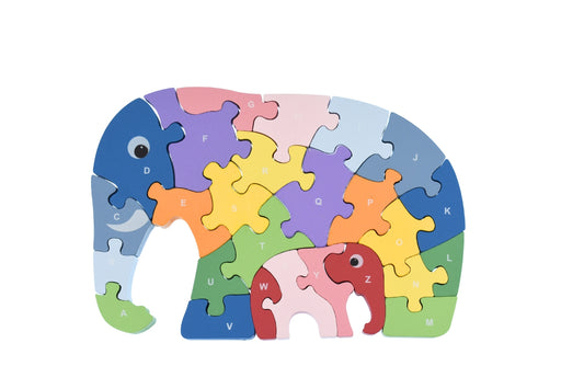 alphabet jigsaw puzzle featuring elephants, perfect for learning letters and developing fine motor skills.