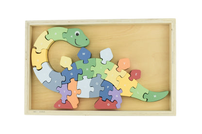 A-to-Z dinosaur puzzle features chunky pieces for easy handling and educational alphabet learning.