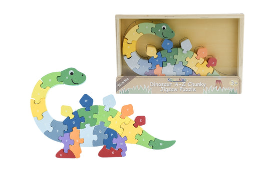 A-to-Z dinosaur puzzle features chunky pieces for easy handling and educational alphabet learning.