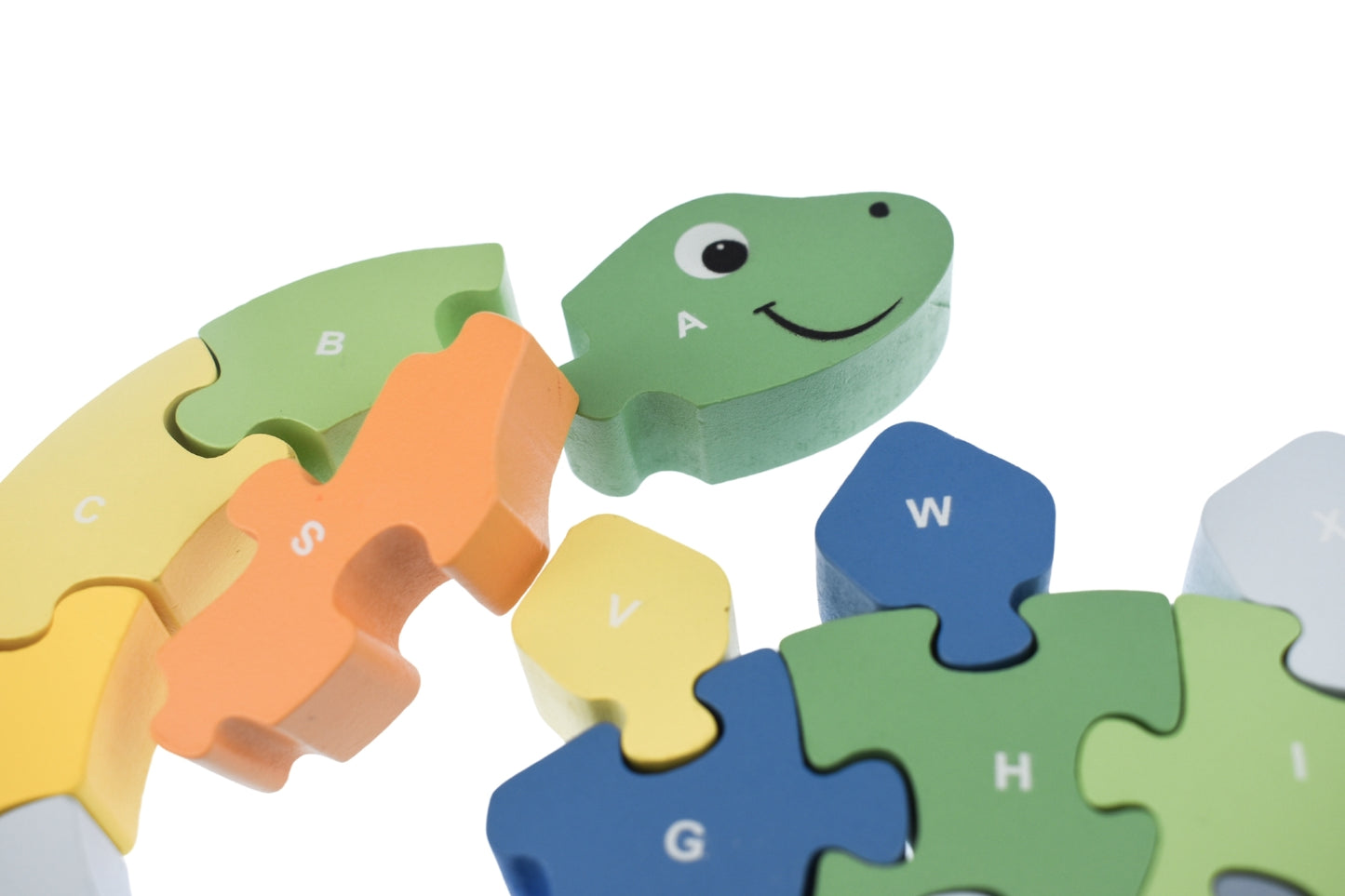 A-Z dinosaur puzzle features chunky pieces for easy handling and educational alphabet learning.