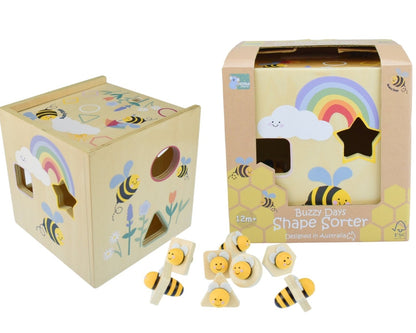 Wooden bee shape sorter toy, ideal for kids learning shapes, interactive play at home.