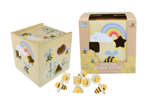 Wooden bee shape sorter toy, ideal for kids learning shapes, interactive play at home.