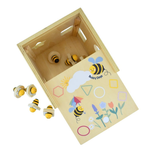 Colorful wooden bee shape sorter toy for kids learning and development at home.