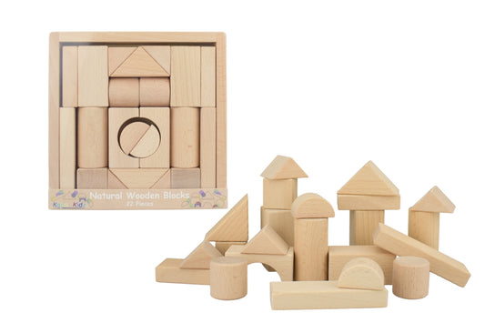 22 piece natural wooden building blocks set for kids creative play and learning at home.