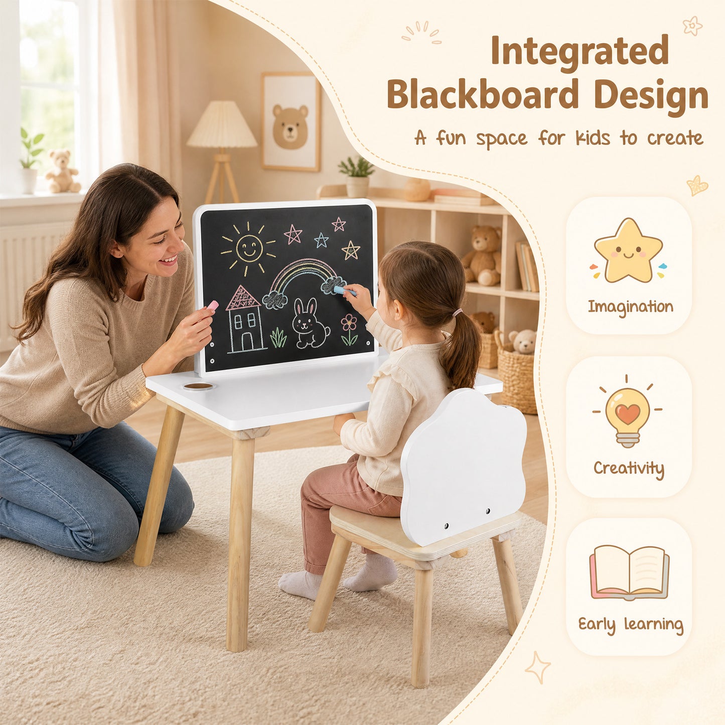 White Kids Weaning Table & Chair Set With Chalkboard | Pine Wood