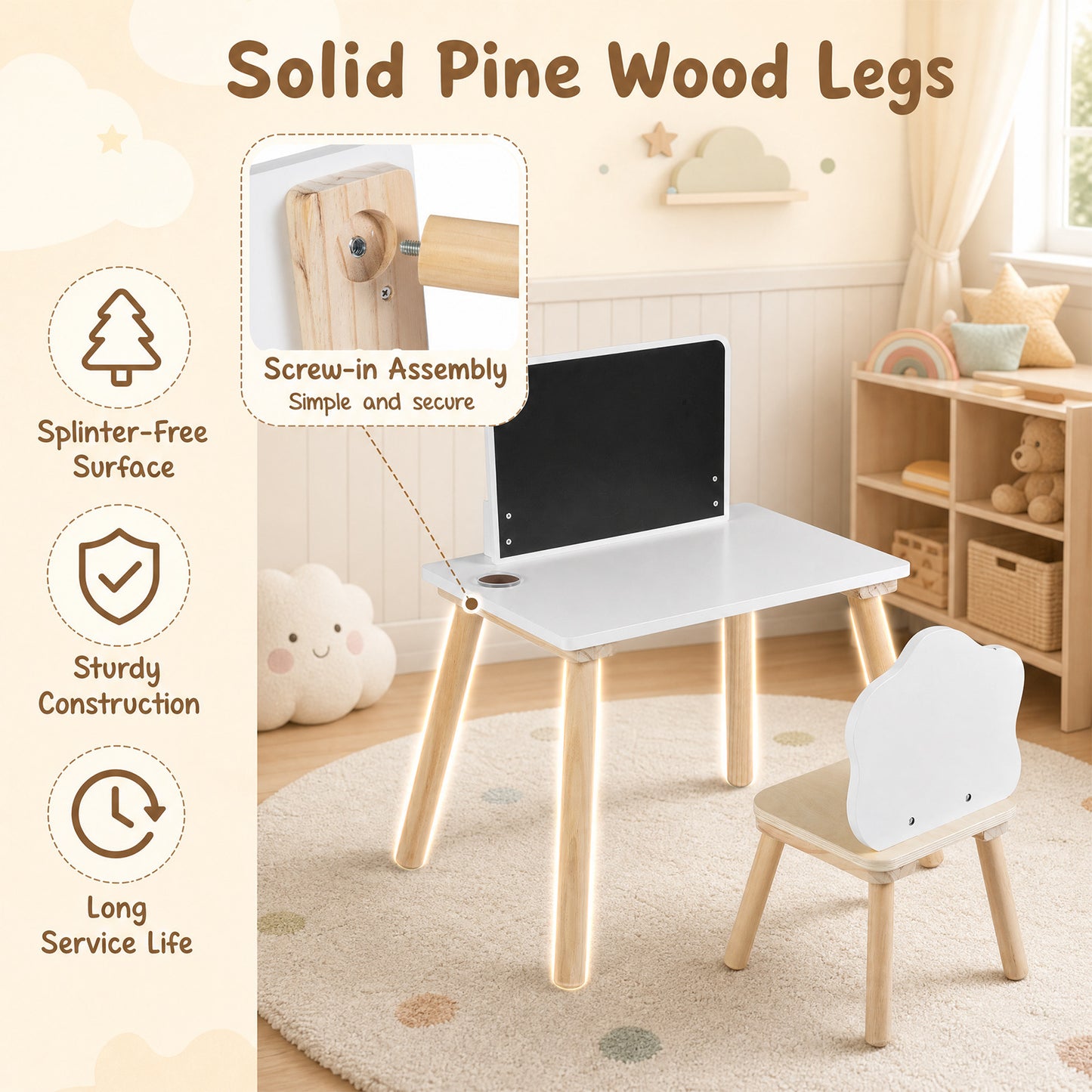 White Kids Weaning Table & Chair Set With Chalkboard | Pine Wood