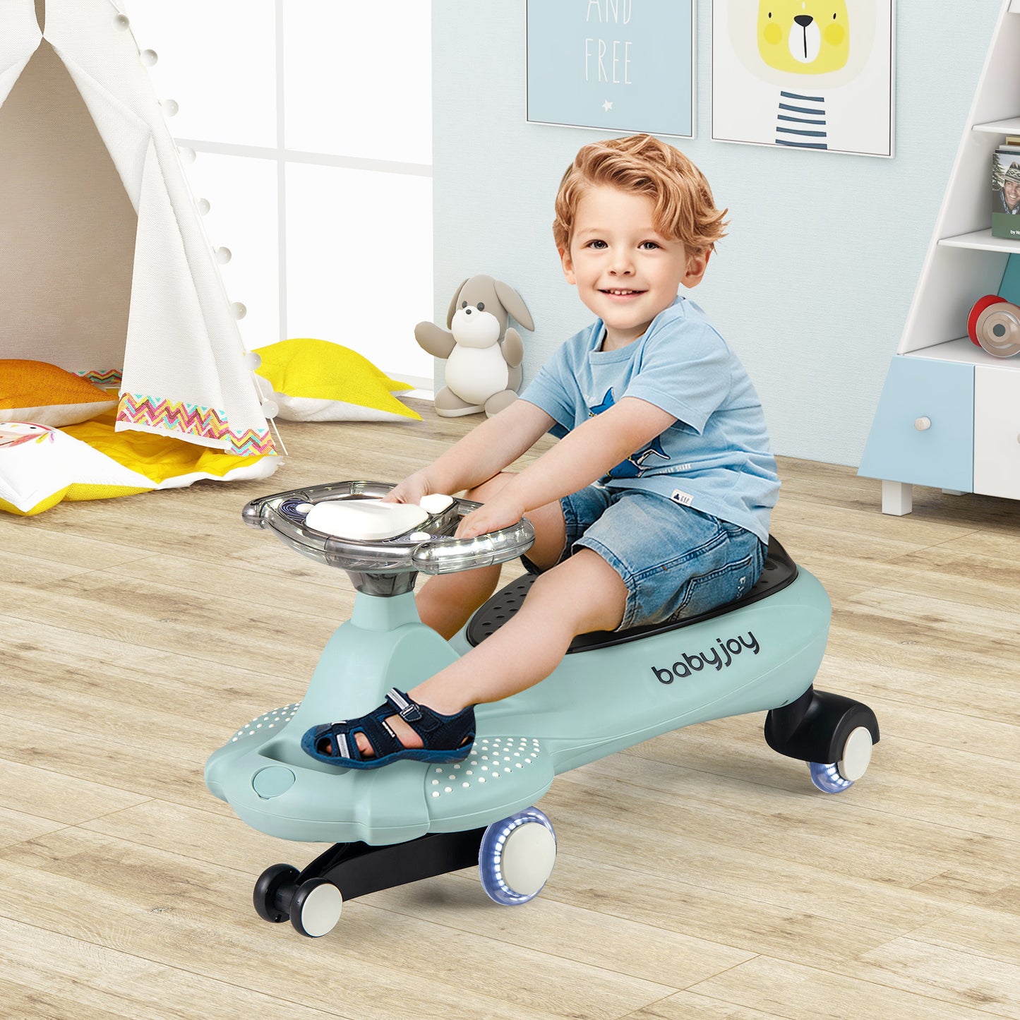 Green Wiggle Car | LED Lights Music Horn Hauling Rope Storage