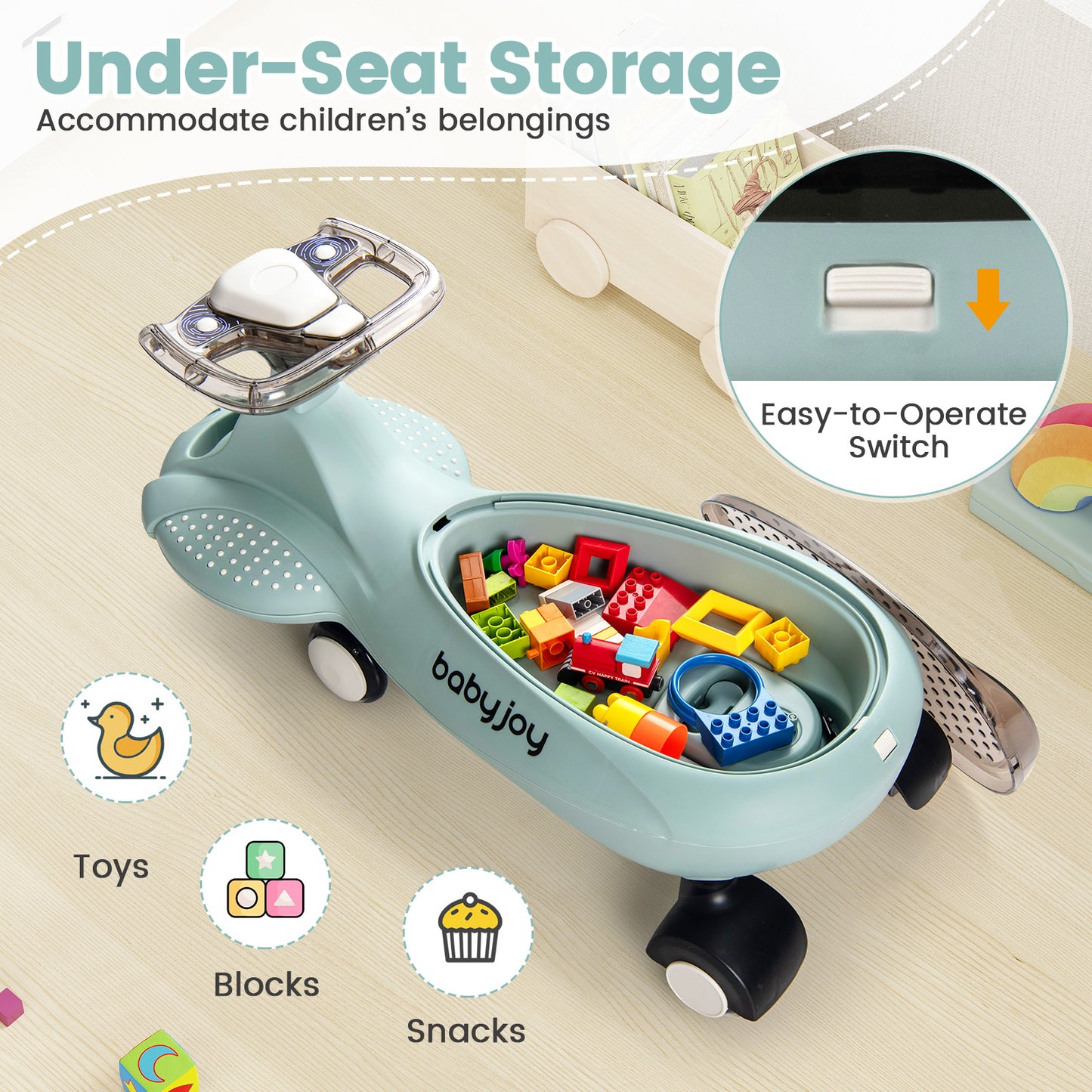 Green Wiggle Car | LED Lights Music Horn Hauling Rope Storage