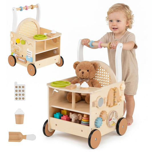 Natural Wooden Baby Walker | 13-in-1 Toddler Push Walker with Storage