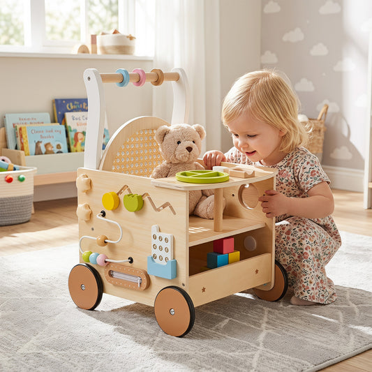 Costway Wooden Baby Walker 13-in-1 Toddler Push Walker with Wheels and Storage