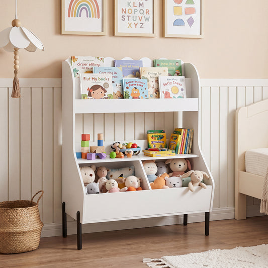 Costway Wooden Kids Toy Storage Organizer with 2 Storage Bins and Open Shelf-White
