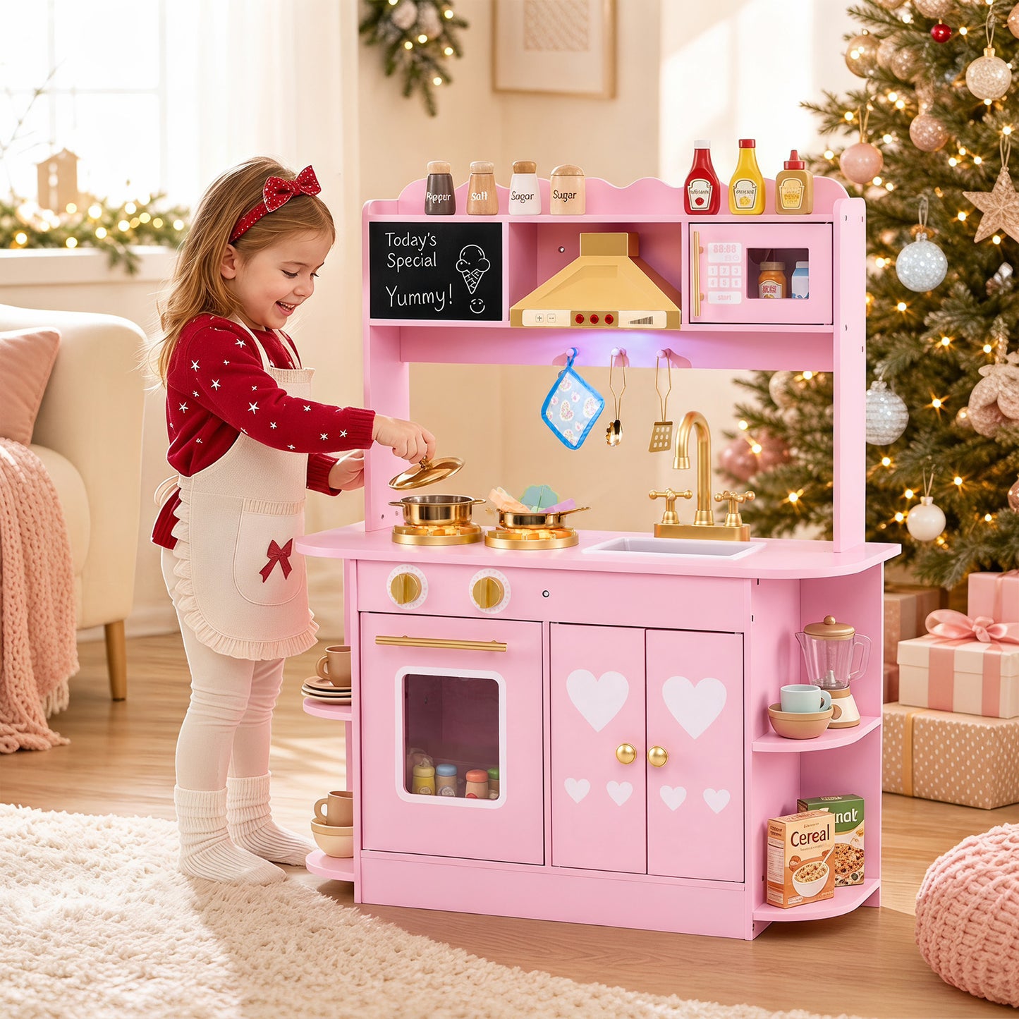Costway Wooden Play Kitchen for Kids Toddlers with Real Lights and Sounds-Pink