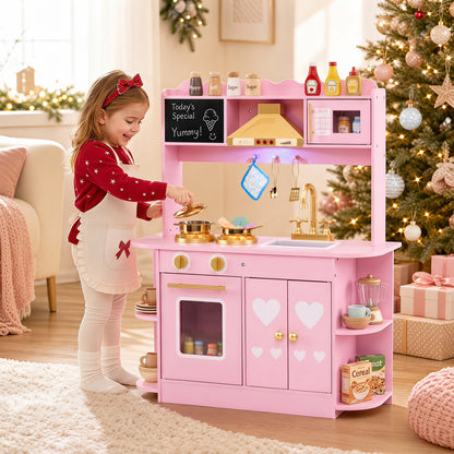 Costway Wooden Play Kitchen for Kids Toddlers with Real Lights and Sounds-Pink