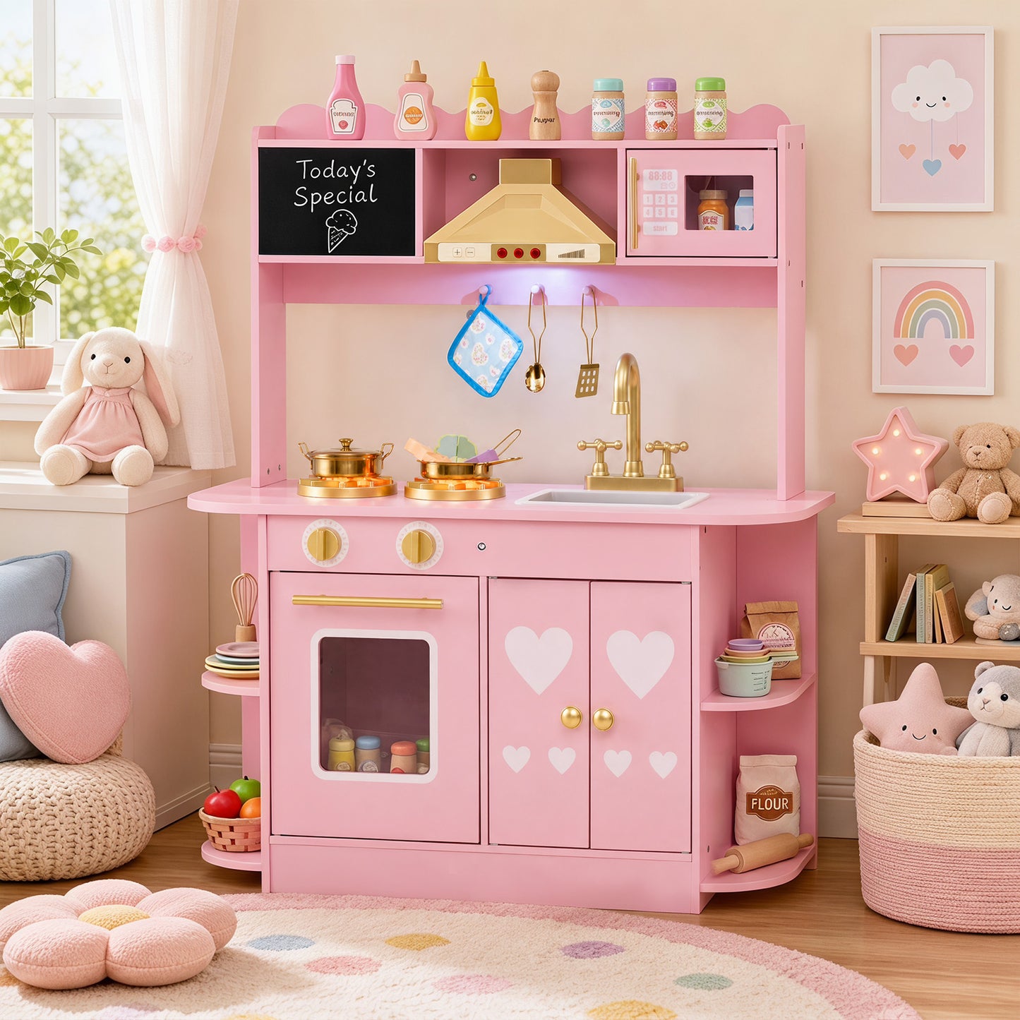 Pink Wooden Play Kitchen | Real Lights Sounds & Accessories