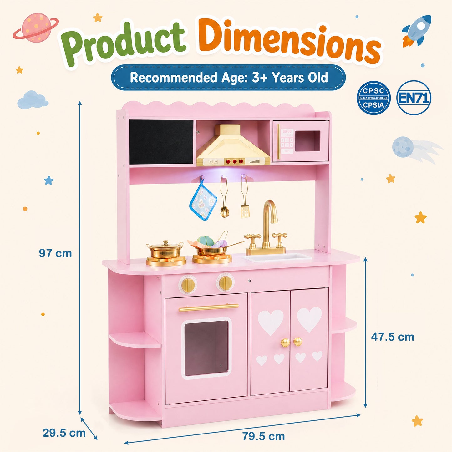 Pink Wooden Play Kitchen | Real Lights Sounds & Accessories