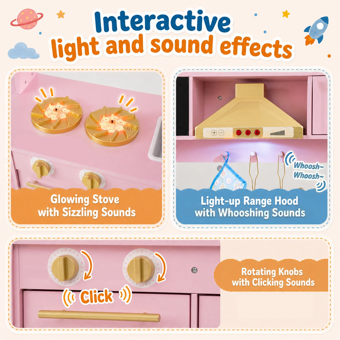 Pink Wooden Play Kitchen | Real Lights Sounds & Accessories