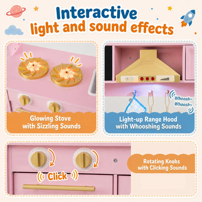 Pink Wooden Play Kitchen | Real Lights Sounds & Accessories