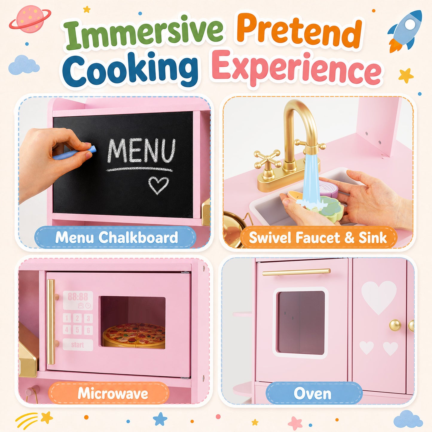 Pink Wooden Play Kitchen | Real Lights Sounds & Accessories