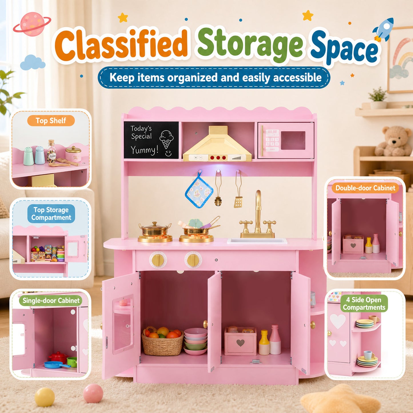 Pink Wooden Play Kitchen | Real Lights Sounds & Accessories
