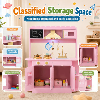 Pink Wooden Play Kitchen | Real Lights Sounds & Accessories