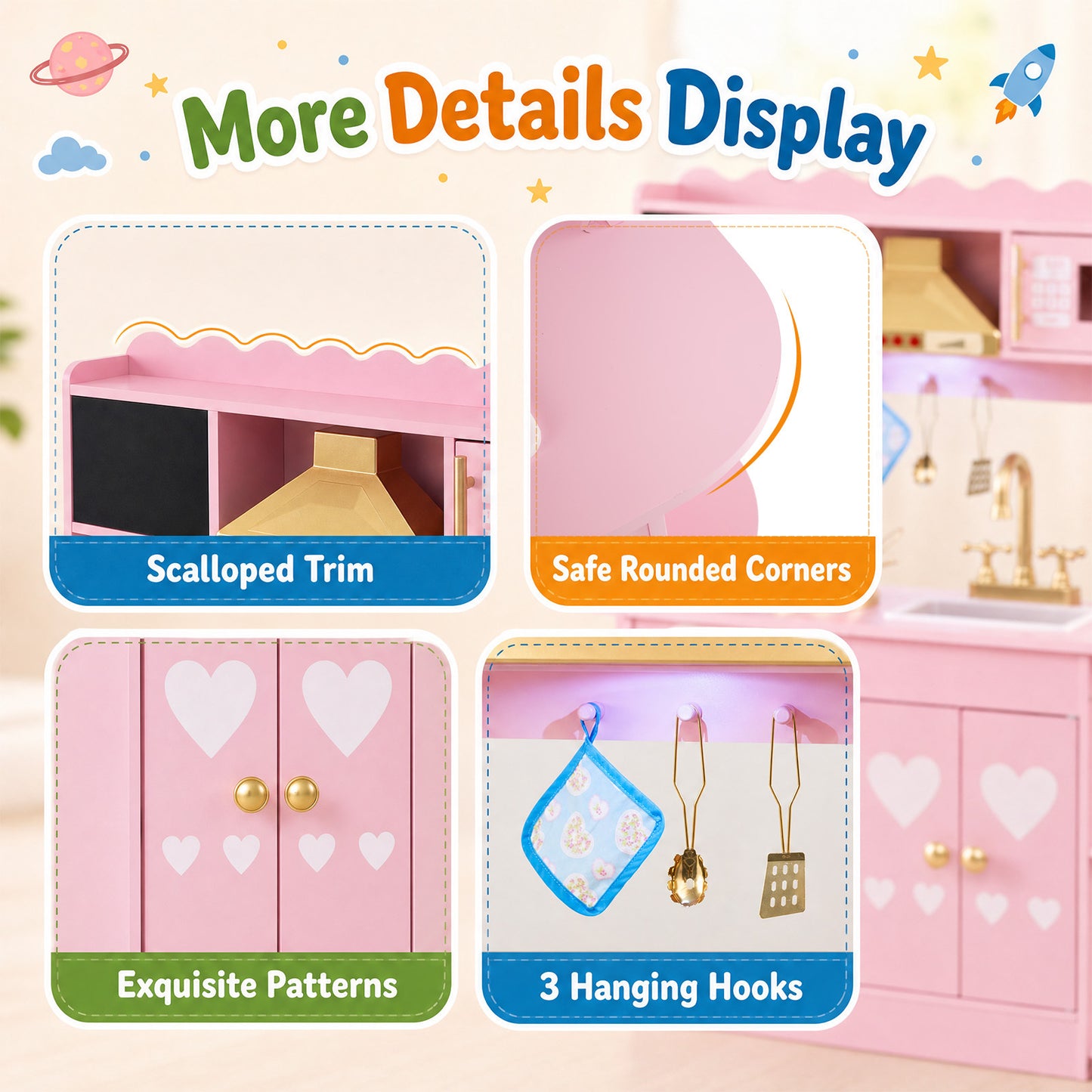 Pink Wooden Play Kitchen | Real Lights Sounds & Accessories
