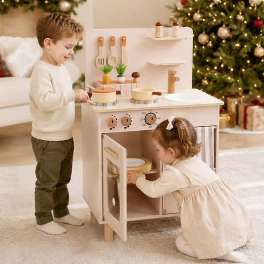 Beige Wooden Play Kitchen Set | Toy Food & Cooking Playset