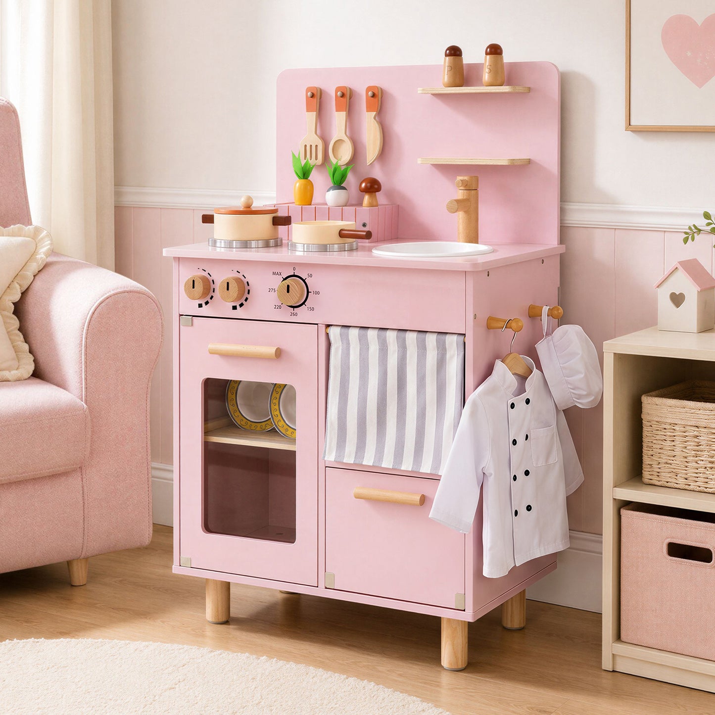 Costway Wooden Play Kitchen for Kids and Role-Play Gift for Boys-Pink
