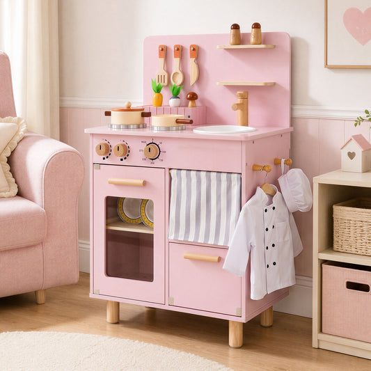 Costway Wooden Play Kitchen for Kids and Role-Play Gift for Boys-Pink