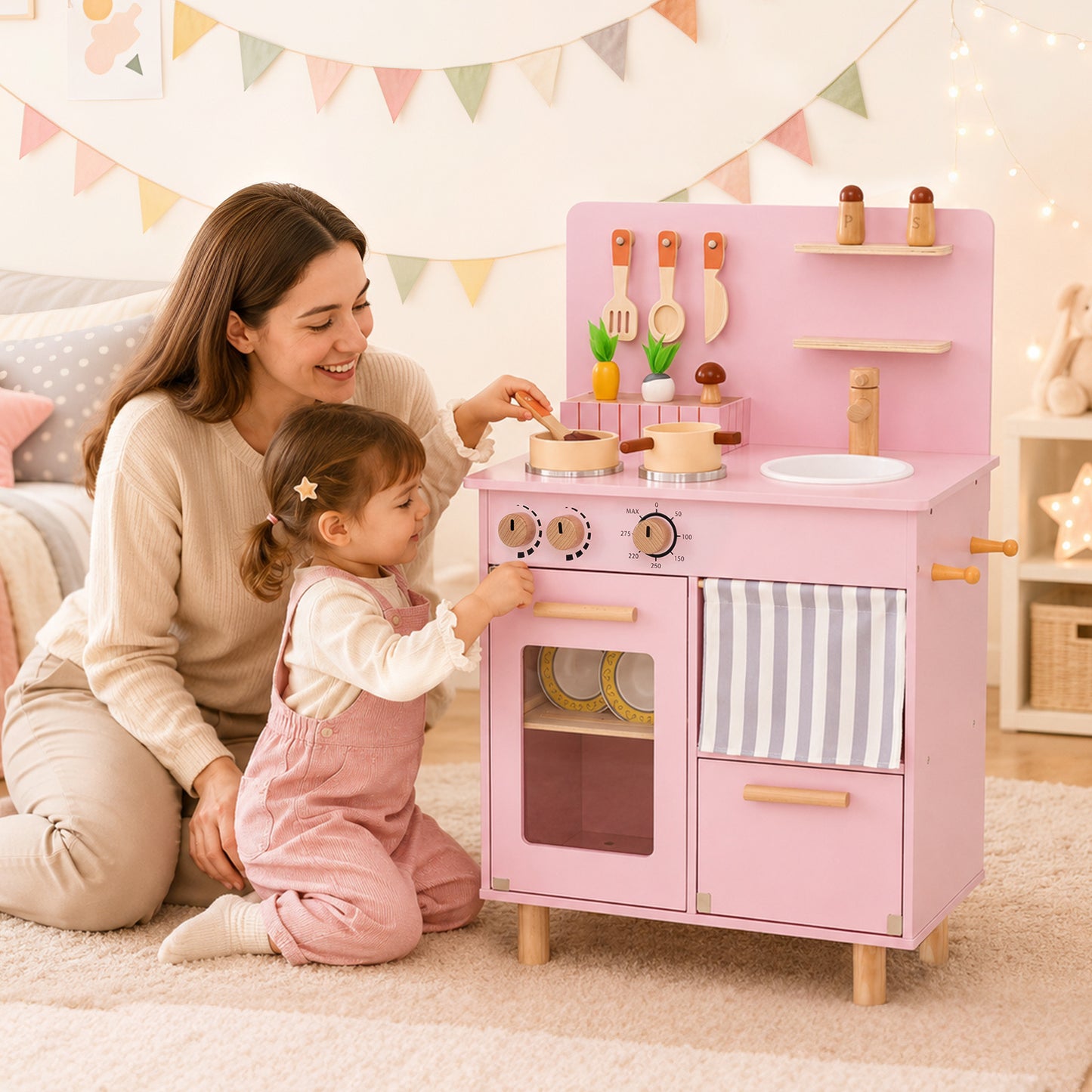 Pink Wooden Play Kitchen Set | Role Play Toy for Kids