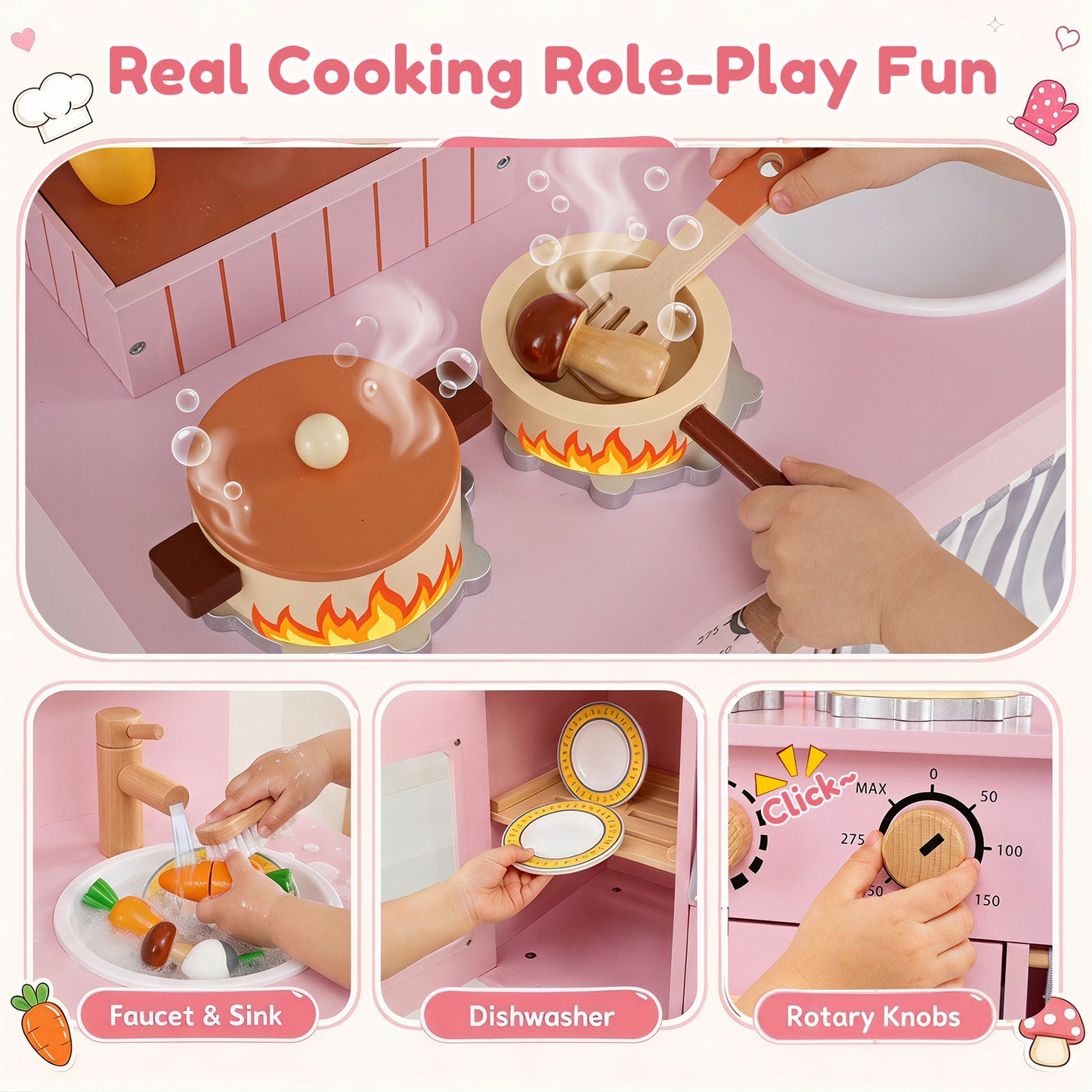 Pink Wooden Play Kitchen Set | Role Play Toy for Kids
