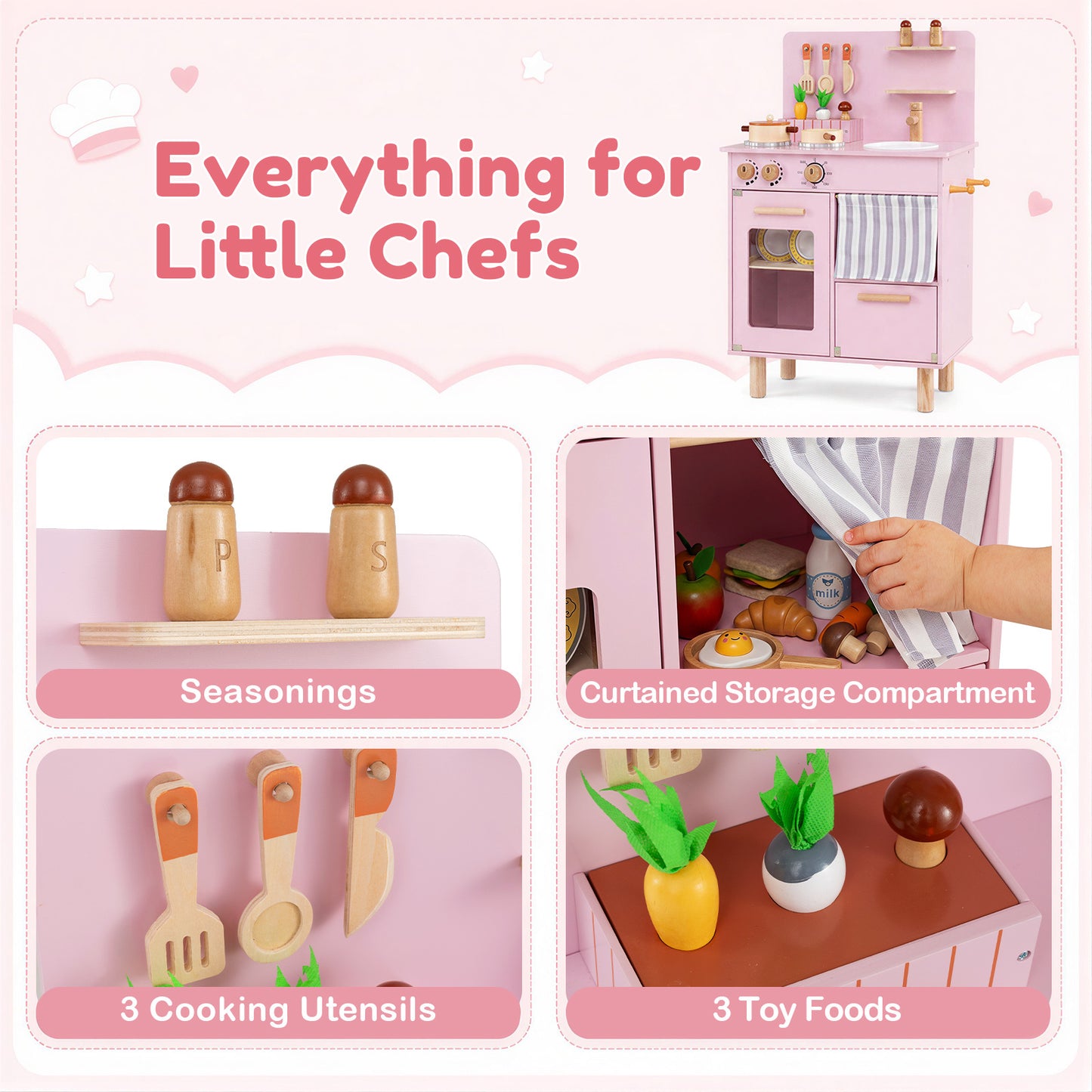 Pink Wooden Play Kitchen Set | Role Play Toy for Kids