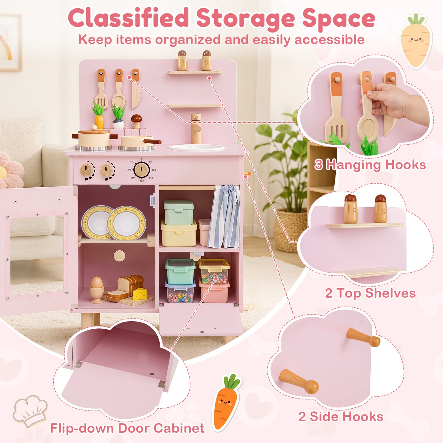 Pink Wooden Play Kitchen Set | Role Play Toy for Kids